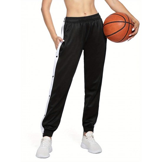 Women's High-Waist Joggers with Side Split - Casual Color Block, Buttoned Detail, Polyester, All-Season Fitness Pants