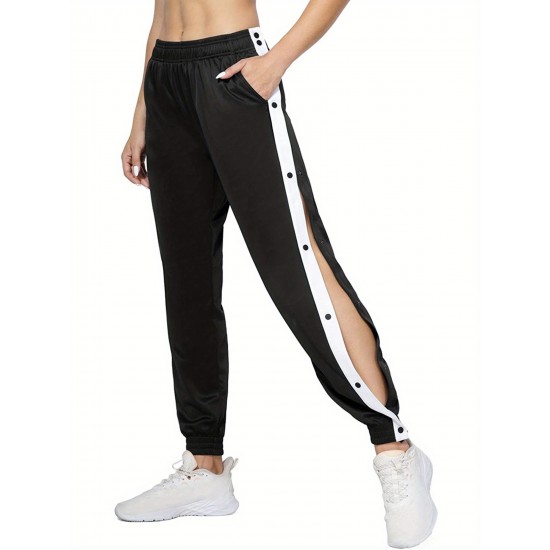 Women's High-Waist Joggers with Side Split - Casual Color Block, Buttoned Detail, Polyester, All-Season Fitness Pants