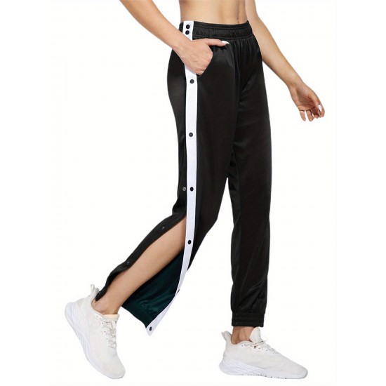 Women's High-Waist Joggers with Side Split - Casual Color Block, Buttoned Detail, Polyester, All-Season Fitness Pants