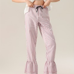 1pc Women'S Tartan Flared Pants - Casual Polyester Wide Leg with Tiered Ruffle, Lace-Up Bow Elastic Waistband, Full-Length Pull-On Trousers for All Seasons