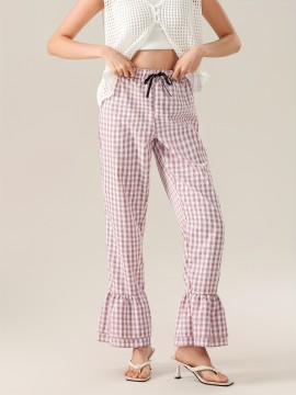 1pc Women'S Tartan Flared Pants - Casual Polyester Wide Leg with Tiered Ruffle, Lace-Up Bow Elastic Waistband, Full-Length Pull-On Trousers for All Seasons