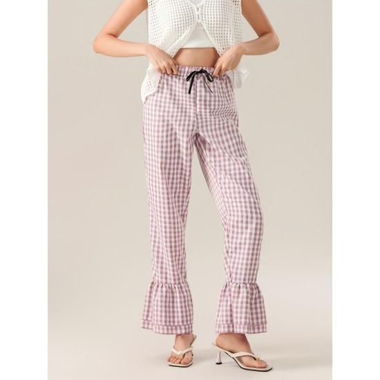 1pc Women'S Tartan Flared Pants - Casual Polyester Wide Leg with Tiered Ruffle, Lace-Up Bow Elastic Waistband, Full-Length Pull-On Trousers for All Seasons