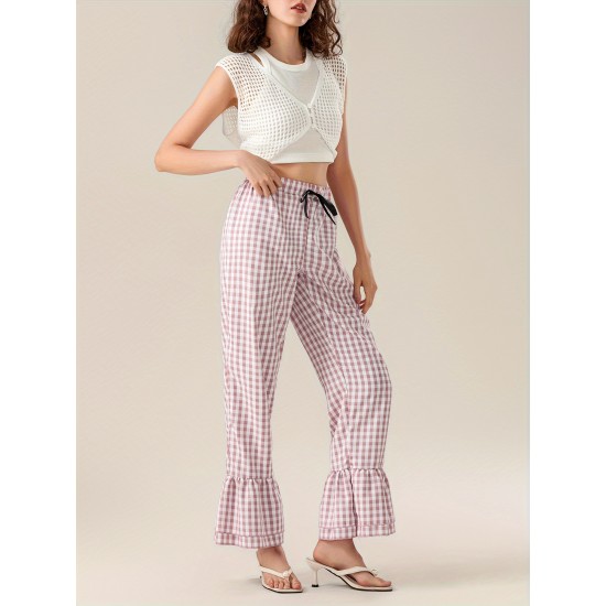 1pc Women'S Tartan Flared Pants - Casual Polyester Wide Leg with Tiered Ruffle, Lace-Up Bow Elastic Waistband, Full-Length Pull-On Trousers for All Seasons