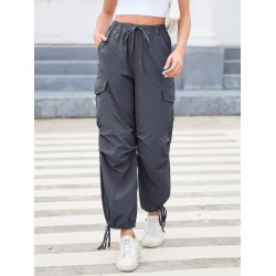 1pc GoyRrbay Women'S Casual Nylon Cargo Jogger Pants - Solid Color Drawstring Low Waist Baggy Trousers, All-Season Loose Fit Long Pants for Going Out, Woven Sports Pants for Adults