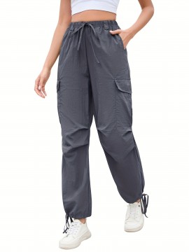 1pc GoyRrbay Women'S Casual Nylon Cargo Jogger Pants - Solid Color Drawstring Low Waist Baggy Trousers, All-Season Loose Fit Long Pants for Going Out, Woven Sports Pants for Adults