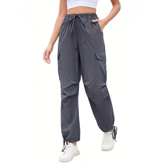 1pc GoyRrbay Women'S Casual Nylon Cargo Jogger Pants - Solid Color Drawstring Low Waist Baggy Trousers, All-Season Loose Fit Long Pants for Going Out, Woven Sports Pants for Adults