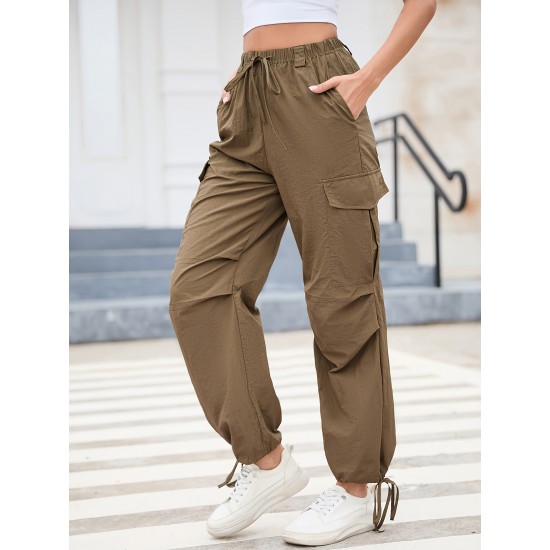 1pc GoyRrbay Women'S Casual Nylon Cargo Jogger Pants - Solid Color Drawstring Low Waist Baggy Trousers, All-Season Loose Fit Long Pants for Going Out, Woven Sports Pants for Adults