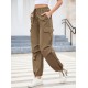 1pc GoyRrbay Women'S Casual Nylon Cargo Jogger Pants - Solid Color Drawstring Low Waist Baggy Trousers, All-Season Loose Fit Long Pants for Going Out, Woven Sports Pants for Adults