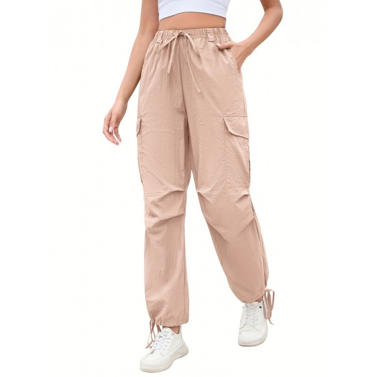 1pc GoyRrbay Women'S Casual Nylon Cargo Jogger Pants - Solid Color Drawstring Low Waist Baggy Trousers, All-Season Loose Fit Long Pants for Going Out, Woven Sports Pants for Adults