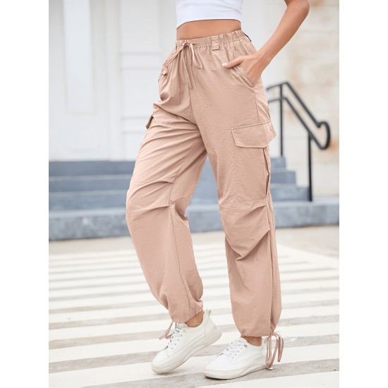 1pc GoyRrbay Women'S Casual Nylon Cargo Jogger Pants - Solid Color Drawstring Low Waist Baggy Trousers, All-Season Loose Fit Long Pants for Going Out, Woven Sports Pants for Adults