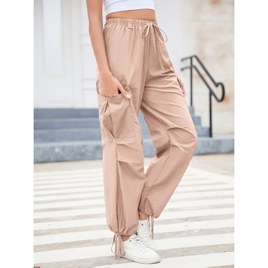 1pc GoyRrbay Women'S Casual Nylon Cargo Jogger Pants - Solid Color Drawstring Low Waist Baggy Trousers, All-Season Loose Fit Long Pants for Going Out, Woven Sports Pants for Adults