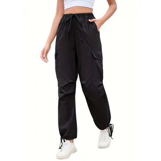 1pc GoyRrbay Women'S Casual Nylon Cargo Jogger Pants - Solid Color Drawstring Low Waist Baggy Trousers, All-Season Loose Fit Long Pants for Going Out, Woven Sports Pants for Adults