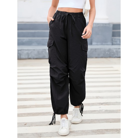 1pc GoyRrbay Women'S Casual Nylon Cargo Jogger Pants - Solid Color Drawstring Low Waist Baggy Trousers, All-Season Loose Fit Long Pants for Going Out, Woven Sports Pants for Adults