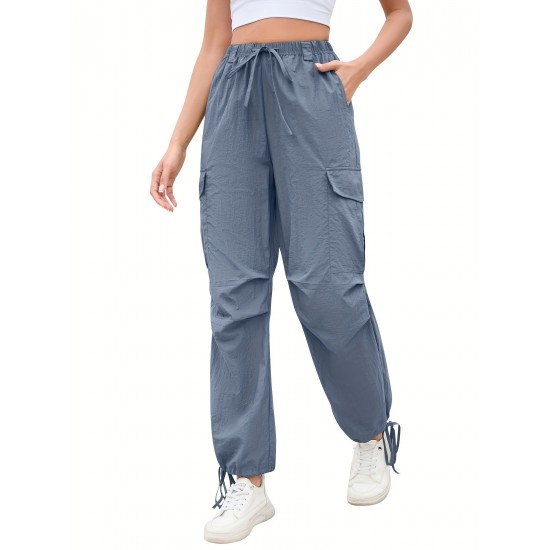 1pc GoyRrbay Women'S Casual Nylon Cargo Jogger Pants - Solid Color Drawstring Low Waist Baggy Trousers, All-Season Loose Fit Long Pants for Going Out, Woven Sports Pants for Adults