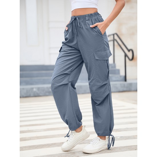 1pc GoyRrbay Women'S Casual Nylon Cargo Jogger Pants - Solid Color Drawstring Low Waist Baggy Trousers, All-Season Loose Fit Long Pants for Going Out, Woven Sports Pants for Adults