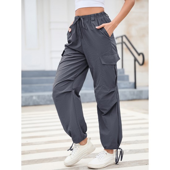 1pc GoyRrbay Women'S Casual Nylon Cargo Jogger Pants - Solid Color Drawstring Low Waist Baggy Trousers, All-Season Loose Fit Long Pants for Going Out, Woven Sports Pants for Adults