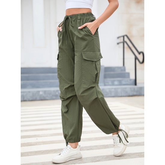 1pc GoyRrbay Women'S Casual Nylon Cargo Jogger Pants - Solid Color Drawstring Low Waist Baggy Trousers, All-Season Loose Fit Long Pants for Going Out, Woven Sports Pants for Adults