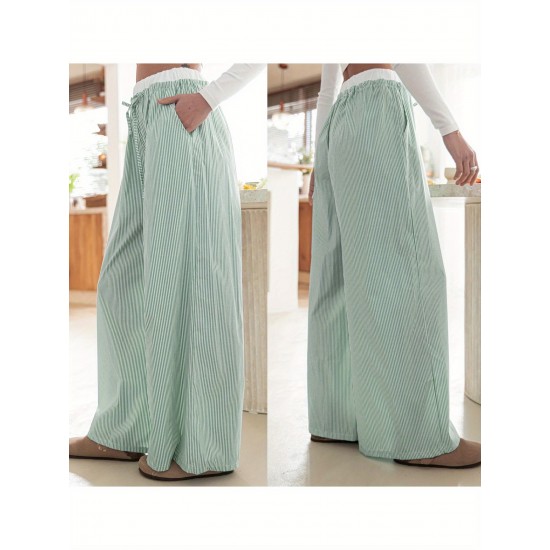 1pc Women'S Casual Polyester Wide Leg Pants, Solid Color All-Season Straight Leg Trousers with Pockets, Elastic Drawstring, Woven for Work Office Streetwear