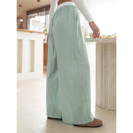 1pc Women'S Casual Polyester Wide Leg Pants, Solid Color All-Season Straight Leg Trousers with Pockets, Elastic Drawstring, Woven for Work Office Streetwear