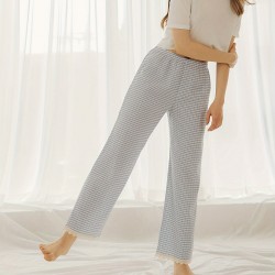 1pc Women'S All-Season Casual Polyester Lounge Pants with Lace Detail - Solid Color Woven Sports Pants for Home Comfort