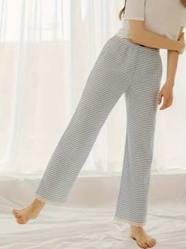 1pc Women'S All-Season Casual Polyester Lounge Pants with Lace Detail - Solid Color Woven Sports Pants for Home Comfort