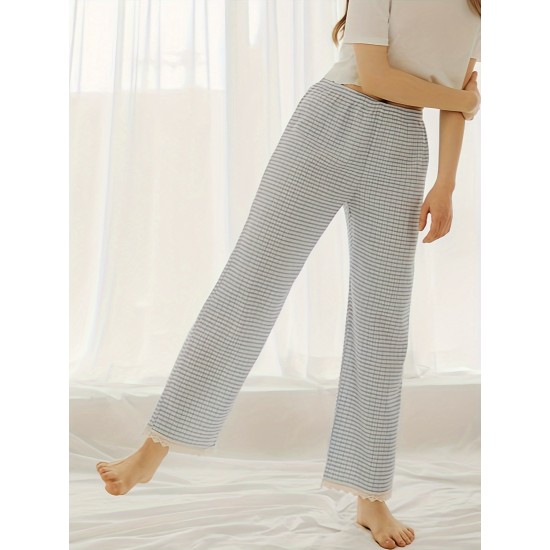 1pc Women'S All-Season Casual Polyester Lounge Pants with Lace Detail - Solid Color Woven Sports Pants for Home Comfort