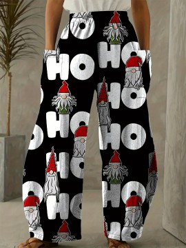 Whimsical Charm, Chic Christmas-Themed Wide-Leg Pants for Women - Cute Polyester, Machine Washable with Pockets, Perfect for Spring/Summer/Fall