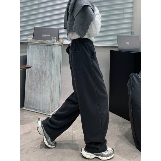 Women'S Casual Polyester Wide Leg Joggers, Loose Fit Knit Fabric Sweatpants, Solid Color, Long Length, with Shearling Lining, Elastic Waist with Drawstring, for Fall/Winter - Weekend Casual Style