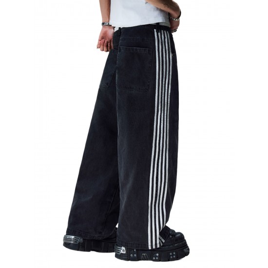 1pc Women'S Casual Wide Leg Faux Denim Pants with Striped Print, Cotton Loose Fit Trousers with Front Tie Bow Detail for Work Office Streetwear - All Seasons