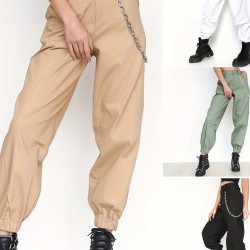 1pc Women'S High Waist Cargo Pants, Solid Color Casual Trousers with Chain Side Pockets, Elastic Ankle Joggers