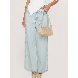 1pc Women'S Casual Cotton Wide Leg Jeans - Solid Color Low Waist Loose Fit with Pockets for Spring/Fall Season