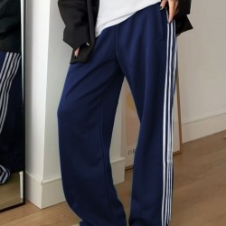 Women's Casual Striped Sweatpants with Drawstring Waist and Pockets - Comfy Straight Leg Streetwear, Non-Stretch Polyester