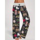 Women's New York Christmas Wide-Leg Pants - Casual Drawstring Waist, Cartoon Print, Polyester & Spandex Blend, Machine Washable