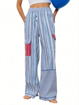1pc Women'S Casual Striped Wide Leg Pants, Elastic Waist Loose Trousers with Pockets, Spring/Autumn Streetwear for Adults