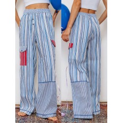 1pc Women'S Casual Striped Wide Leg Pants, Elastic Waist Loose Trousers with Pockets, Spring/Autumn Streetwear for Adults