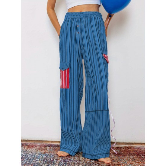 1pc Women'S Casual Striped Wide Leg Pants, Elastic Waist Loose Trousers with Pockets, Spring/Autumn Streetwear for Adults