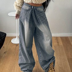 1pc Women'S High Waist Wide-Leg Faux Denim, Casual Style Solid Color Long Pants, Polyester Knit Fabric with Button Detail, All-Season Loose Fit Faux Denim Trousers