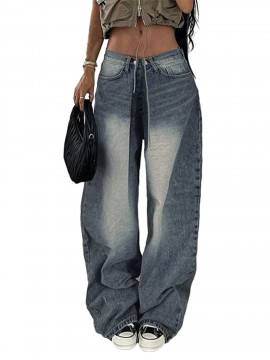 1pc Women'S High Waist Wide-Leg Faux Denim, Casual Style Solid Color Long Pants, Polyester Knit Fabric with Button Detail, All-Season Loose Fit Faux Denim Trousers