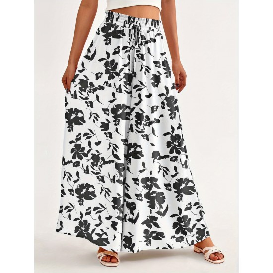 Floral Print Wide Leg Baggy Pants, Casual Drawstring Elastic Waist With Pockets Pants For Spring & Summer, Women's Clothing