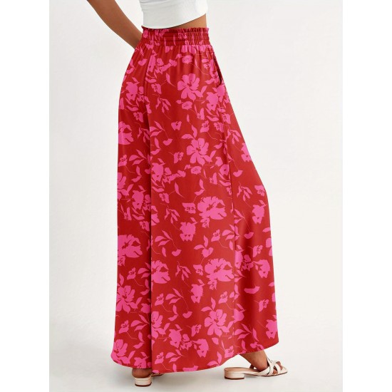 Floral Print Wide Leg Baggy Pants, Casual Drawstring Elastic Waist With Pockets Pants For Spring & Summer, Women's Clothing