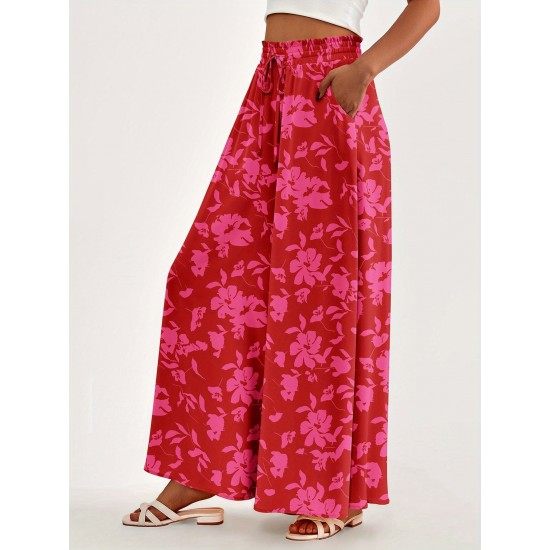 Floral Print Wide Leg Baggy Pants, Casual Drawstring Elastic Waist With Pockets Pants For Spring & Summer, Women's Clothing