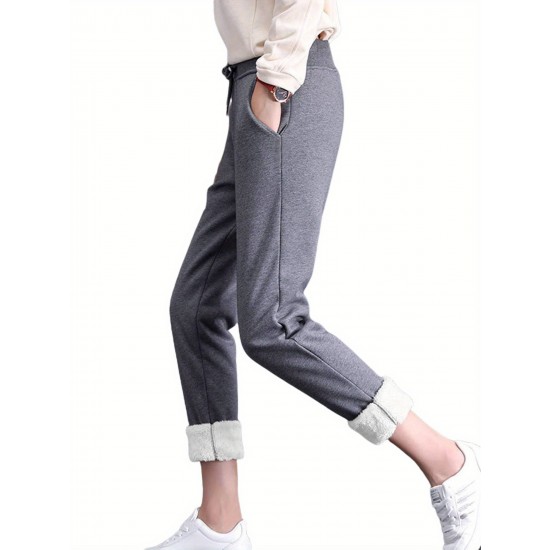 1pc Women'S Sherpa Lined Sweatpants - Cotton Casual Fleece Pants, Solid Color, Straight Leg, Woven, Adult Fall/Winter Jogger Style