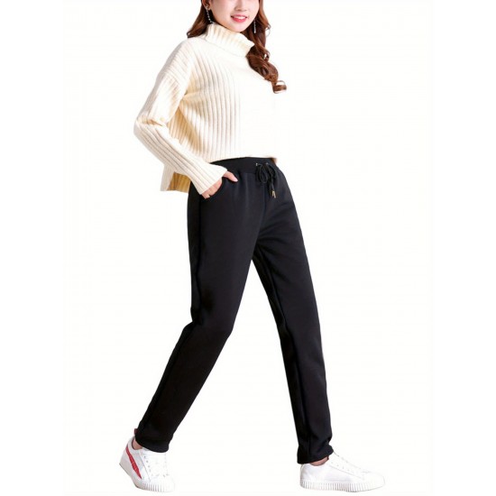 1pc Women'S Sherpa Lined Sweatpants - Cotton Casual Fleece Pants, Solid Color, Straight Leg, Woven, Adult Fall/Winter Jogger Style