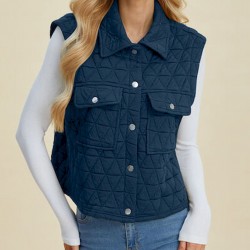 Women's Casual Quilted Vest - Sleeveless, Snap-Button, Relaxed Fit with Collar & Pockets, Navy Black - Perfect for Spring/Fall/Winter Outdoor Activities