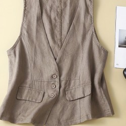 1pc Women'S Plus Size Casual Linen V-Neck Sleeveless Vest - Solid Color Knit Fabric Button-Down Leisure Tank Top