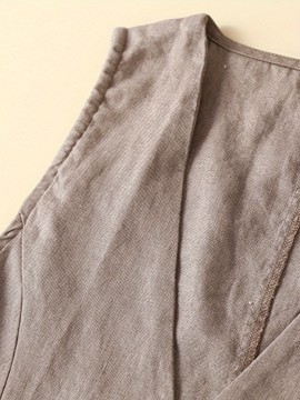 1pc Women'S Plus Size Casual Linen V-Neck Sleeveless Vest - Solid Color Knit Fabric Button-Down Leisure Tank Top