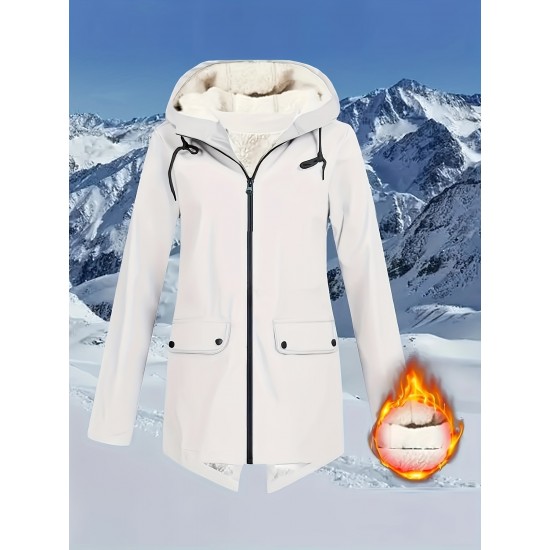 Plus Size Plush Lined Hooded Coat, Casual Long Sleeve Zipper Warm Coat For Winter, Women's Plus Size Clothing