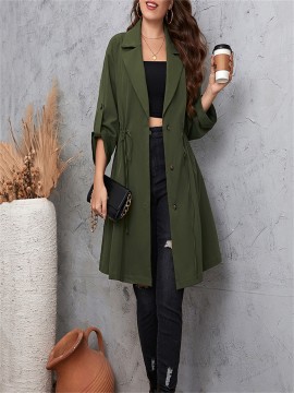 Women Plus Size Casual Coat, Long Sleeve Lapel Collar Button Closure Drawstring Fall Outwear Trendy Clothing for Daily