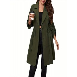 Women Plus Size Casual Coat, Long Sleeve Lapel Collar Button Closure Drawstring Fall Outwear Trendy Clothing for Daily