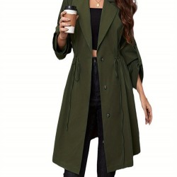 Women Plus Size Casual Coat, Long Sleeve Lapel Collar Button Closure Drawstring Fall Outwear Trendy Clothing for Daily